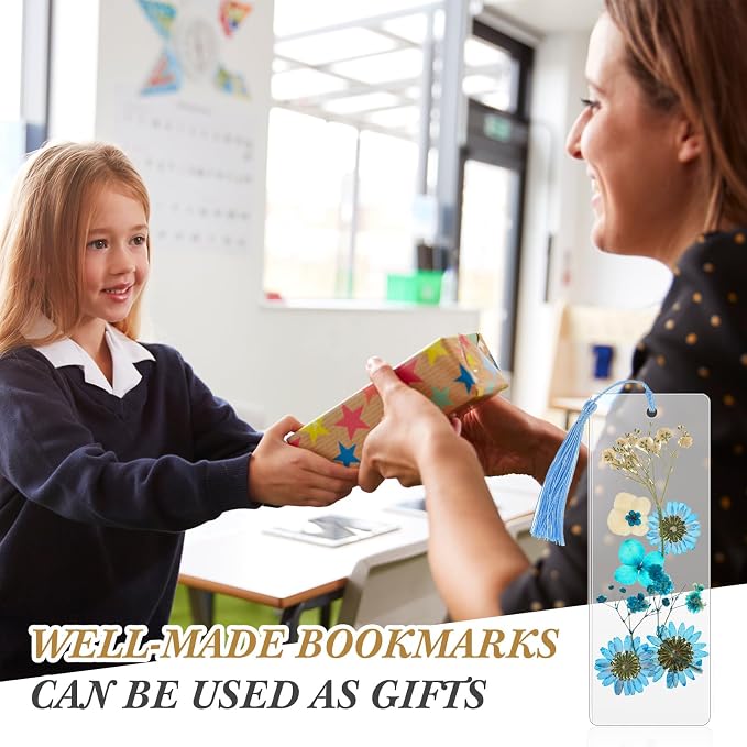 Fuyoooo 376 Pcs Dried Flower Bookmark Making Kit, DIY Bookmark Laminating Pouches with Tassels and Puncher, Handmade Craft Kit for Women, DIY Gifts for Book Lovers (Blue,2 x 6 Inch)