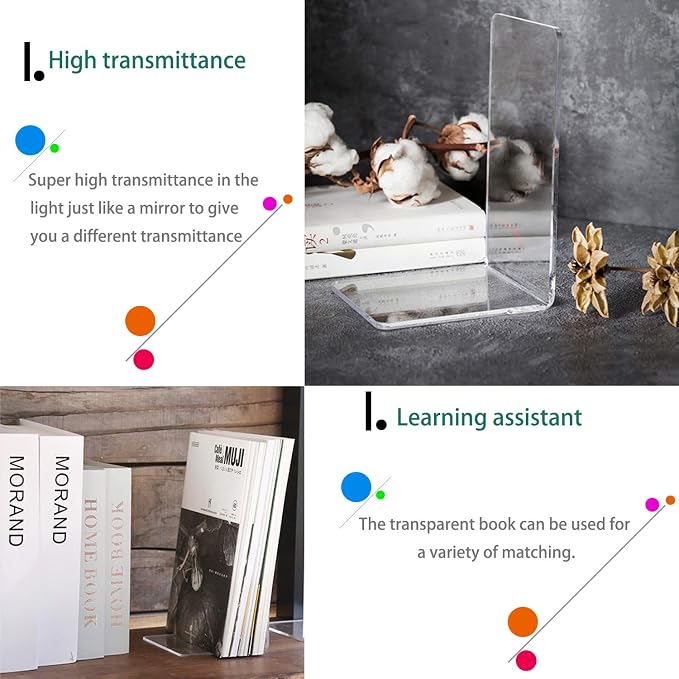 MerryNine MerryNine Acrylic Book Ends 6pcs for Shelves, Clear Bookends for Shelves, Books end Organizer, Book Holder Stand Decorative, Book Stoppers for Heavy Duty Books (Plastic Acrylic_3 Pairs)