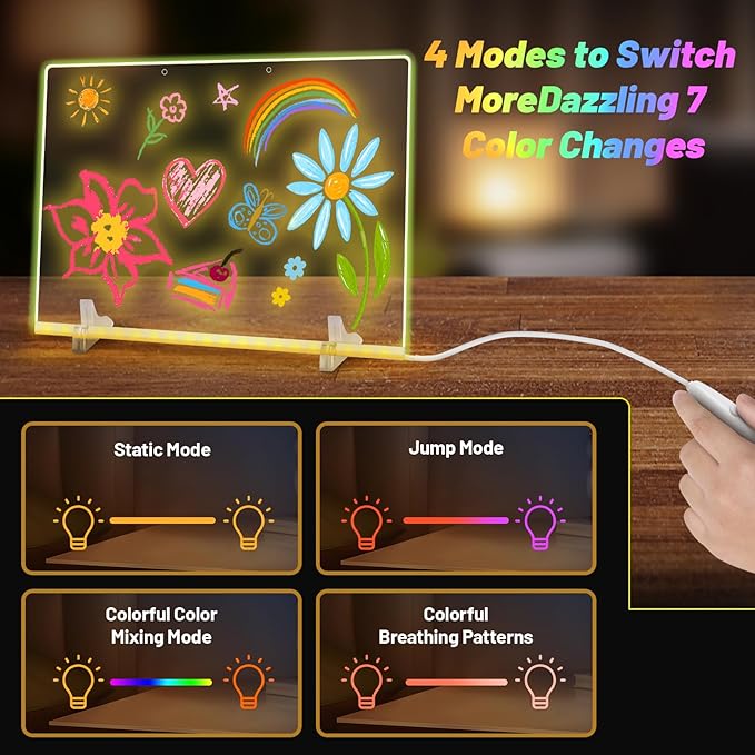 19 Highlighter,Led Note Board with Colors,11.8"X7.9",4 Modes & 7 Colors Lumiboard Led Drawing Board for Kids,Light Up Sign,Acrylic Dry Erase Board with Stand,Include Adapter,Hanging Chain,Spray Bottle