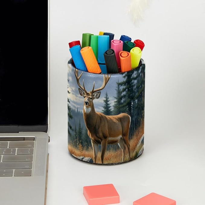 Pen Pencil Holder for Desk, Forest Deer Makeup Brush Holders Leather Pen Organizer Pencil Caddy for Office Home Art Supply