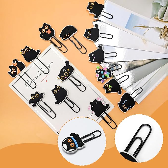 Cute Paper Clips, 30Pcs Black Cat Bookmark Paperclips Bulk Metal Fun Cute Cat Planner Clip Charms Clamp Desk Accessories Stationery Colorful Office Supplies Gifts for Student Teacher Party Decorative