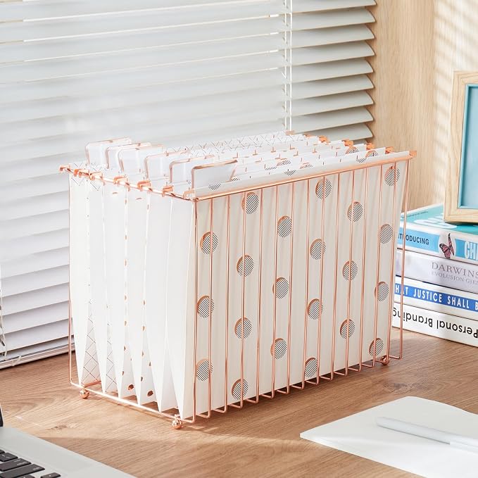 Y YOMA Hanging File Organizer, Letter Size Rose Gold Metal Desk File Crate Storage Basket for Home Office, 1 Pack, I Shaped