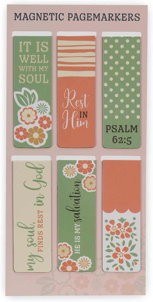 Christian Art Gifts Magnetic Scripture Bookmark/Pagemarker Set for Women: It is Well with My Soul - Set of 6, Inspirational Scripture for Bibles, Fridges & Books, Multicolor Teal & Pink Floral, Small