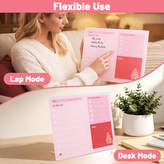 LeMotech Desktop Acrylic Dry Erase Board, 15.7x11.8 inches to-Do List Planner, Tabletop Whiteboard with Stand Office Supplies Includes 2 Markers & 1 Eraser, Pink Rose Pattern, 1 Pack