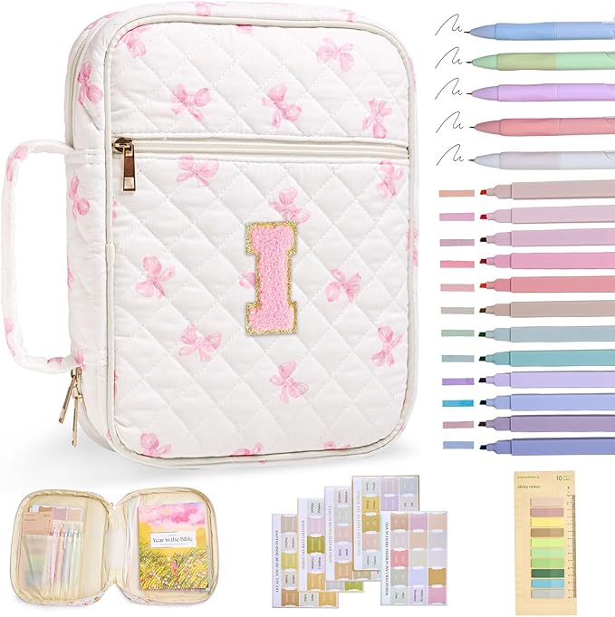 Initial Bible Cover Case for Women Girls Kid Large Bible Cover with Durable Handle Quilted Bible Carrying Case for Girls Bible Study Supplies Accessories (Pink Bow I, one Size)