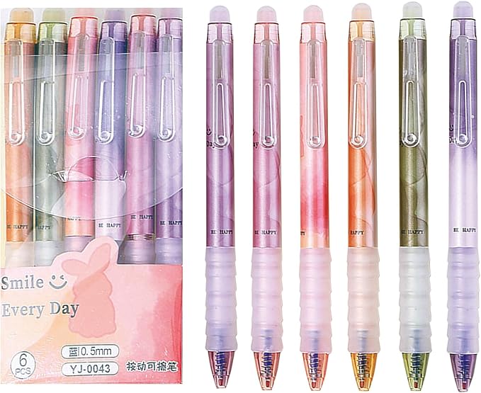 MOZXIRZ 6 Pcs Erasable Gel Ink Pens Retractable Pens 0.5mm Blue Ink Pen Office School Supplies Cute Aesthetic Pen (Blue Ink-Colorful)