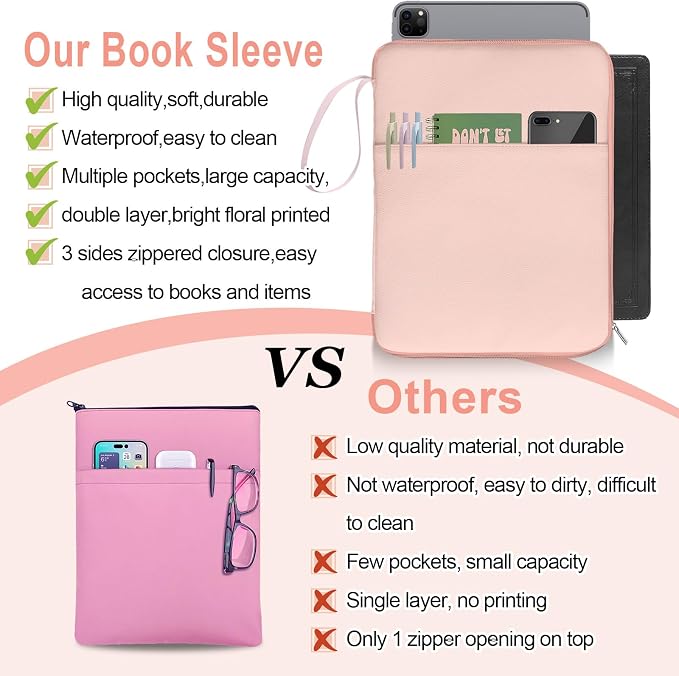 Pink Book Sleeve Kindle Pouch, Book Protector Case with Zipper, PU Leather Waterproof Book Cover Bag, Portable Book Pouch for Book Lovers Gifts Paperbacks Bibles Hardcover