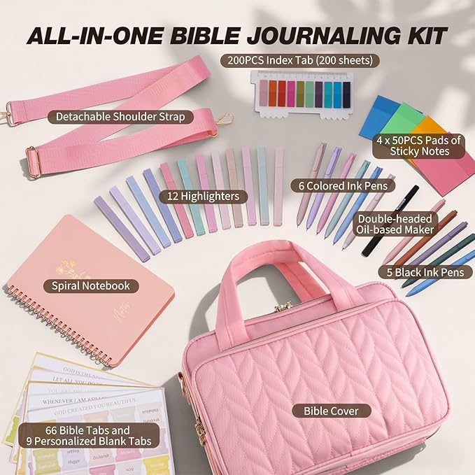 KOPKOFT Bible Cover Case for Women, All-in-One Bible Study Supplies Journaling Kit with Highlighters Tabs, Quilted Book Carrying Cases, Christmas Christian Gifts for Women (Pink)