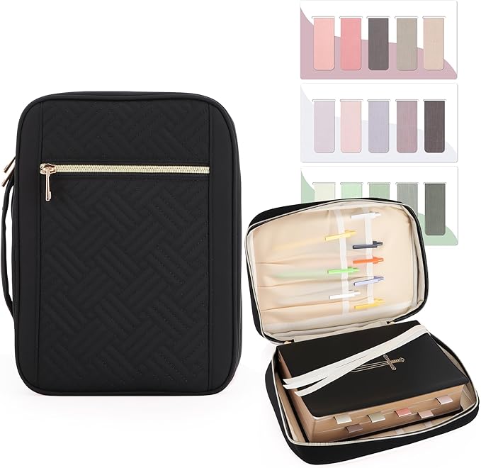 Durable and Protective Bible Cover Case for Women,Portable Bible Carrier Organizer Bag with Zipper,Christian Gift for Women,Includes 15 Magnetic Bookmarks,Great for Church,Travel or Daily Use,Black