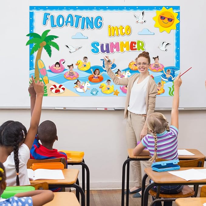 Summer Bulletin Board Classroom Decorations Floating into Summer Paper Cutouts Swim Ring DIY Photo Craft Set Hawaiian Theme Tropical Bulletin Board Borders for Back to School Office Teacher Supplies