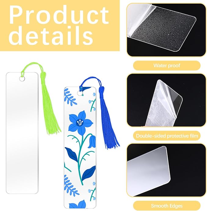 50 Pcs Clear Acrylic Bookmarks Blanks Rectangle, Plastic Book Page Markers Transparent Acrylic Bookmark Blank Bulk with 50 Pcs Book Mark Tassels for DIY Crafting Projects and Gift Tags