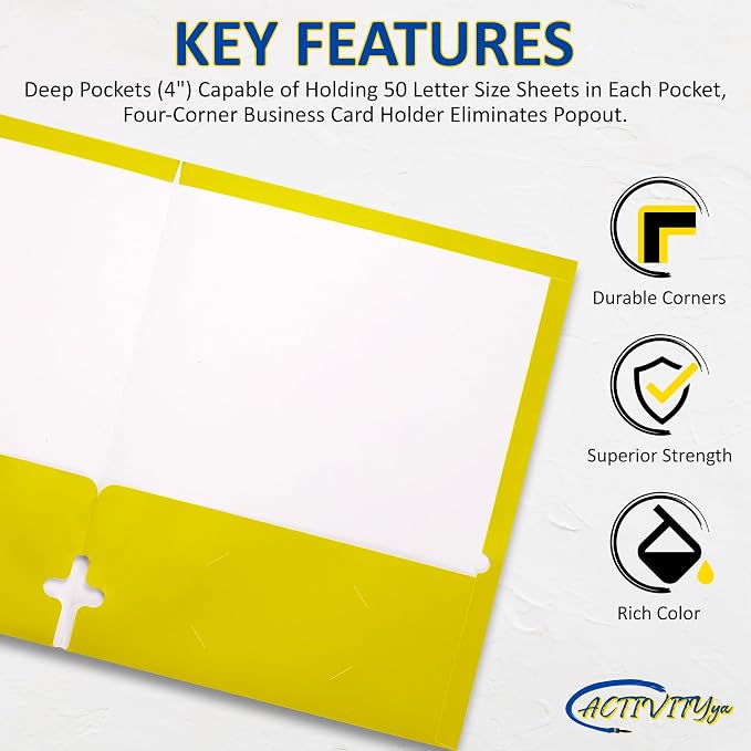 10 Pack Two Pocket Folders, Yellow, Strong Thick Paper Folders, for Letter Size, by ACTIVITYya,