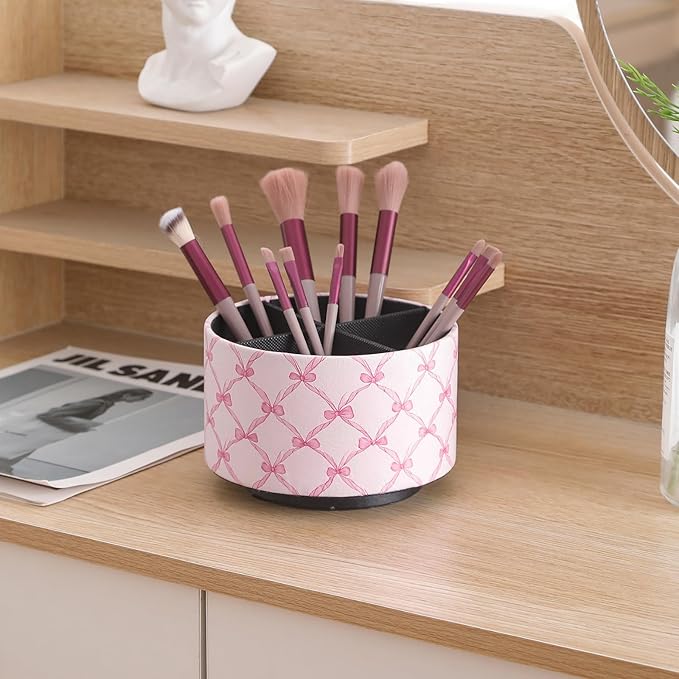 Cute Rotating Table Remote Control Holder, 360 Spinning PU Leather Remote Organizer and Makeup Brush Holder, Aesthetic Room Decor Storage Caddy for Nightstand, Pink Bow PH131
