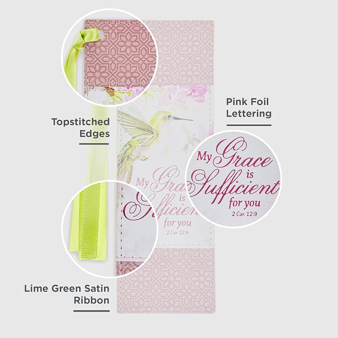 Christian Art Gifts Premium Vegan Leather Scripture Bookmark for Women: Grace is Sufficient Inspirational Bible Verse Cute Hummingbird Book Accessory, Pink Multicolor Floral & Lime Green Satin Ribbon