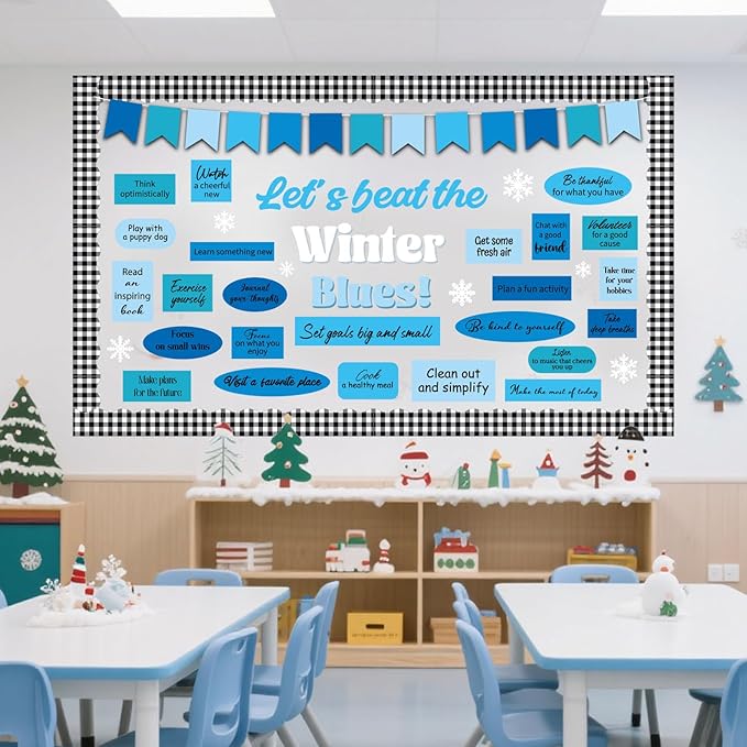 Funrous 63 Pcs Winter Mental Health Bulletin Board Set Motivational Classroom Decor Let's Beat The Winter Snowflake Paper Cutouts for Holiday Party School Classroom Home Wall Decor Supplies