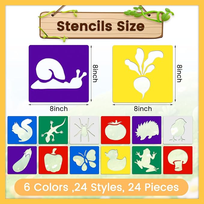 24 PCS Drawing Stencils, 8 Inch Sidewalk Chalk Stencils Painting, Outside Reusable Drawing Stencil, Large Washable Animal Garden Themed Primary Shape Template for Learning Painting DIY Craft