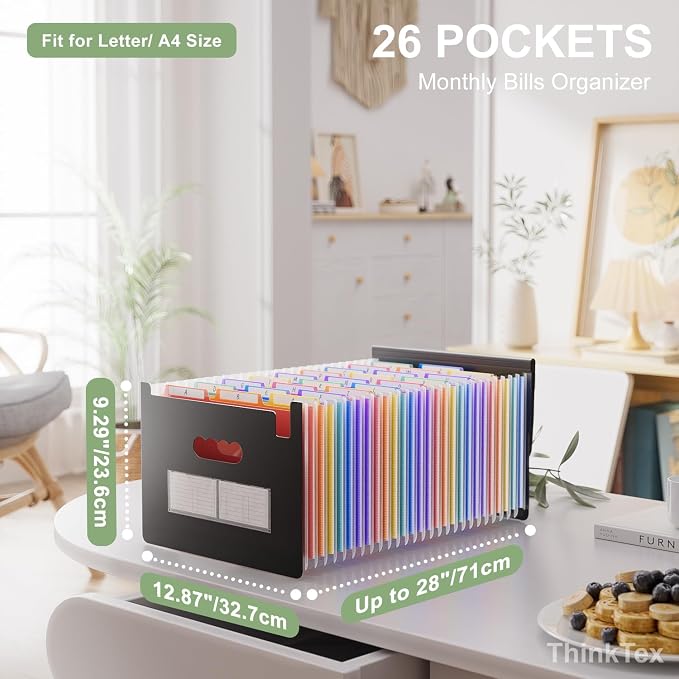 ThinkTex 26 Pockets File Folder, A4 Accordion File Organizer, Letter Size Expandable File Folders, Accordion Folder Paper Coupon Bill Receipt Organizer with 3 A-Z Alphabet Colored Tabs