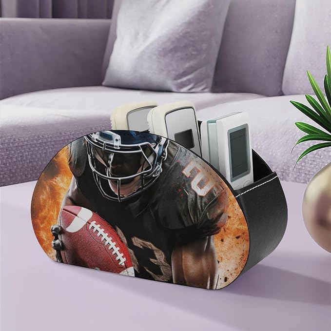 Cool American Football Remote Control Holder with 5 Compartments, PU Leather TV Remote Caddy, Desk Organizer for TV, Game Controllers, Office Supplies