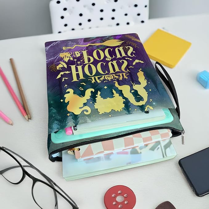 Hocus Pocus Book Cover, Waterproof Book Sleeve with Zippered Front Pocket Retro Flowers Book Pouch for Book Lovers, Christmas, Birthday, Graduation Gifts (Purple&Green, Large)