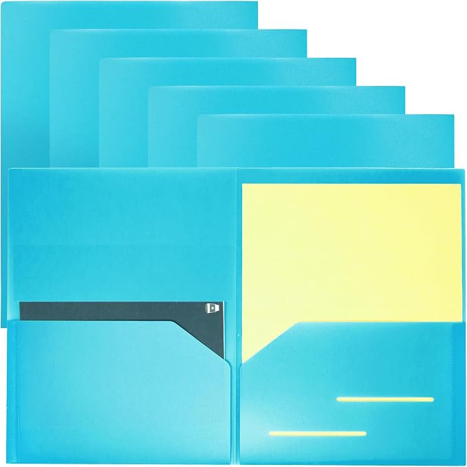 Youngever 6 Pack Heavy Duty Plastic Two Pocket Folders, Heavy Duty Plastic 2 Pocket Folder (Teal)