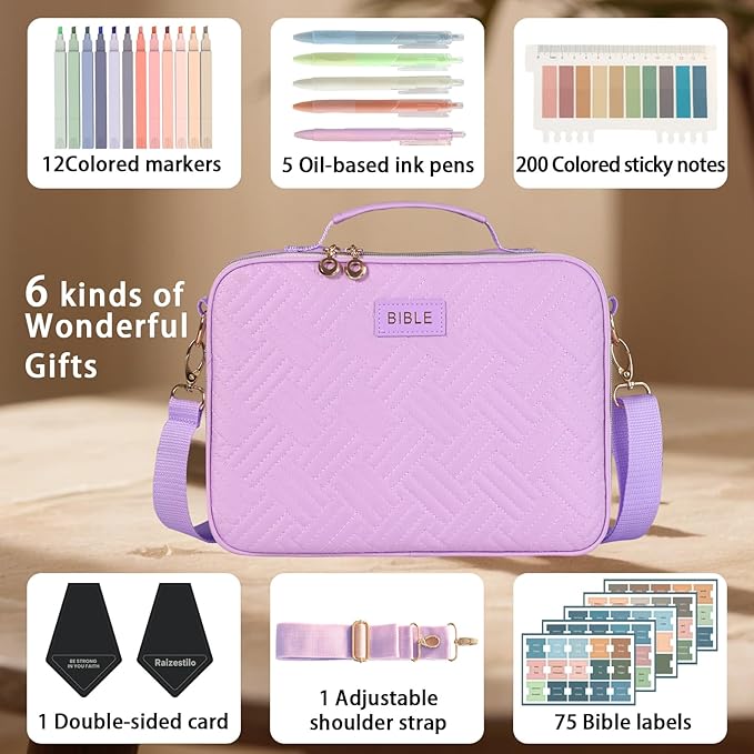 Bible Cover for Women Bible Case, Large Bible Bag, Bible Study Supplies Bible Journaling Kit Book Carrying Case with Bible Highlighters Tabs, Valentines Day Christian Gifts for Women(Purple)