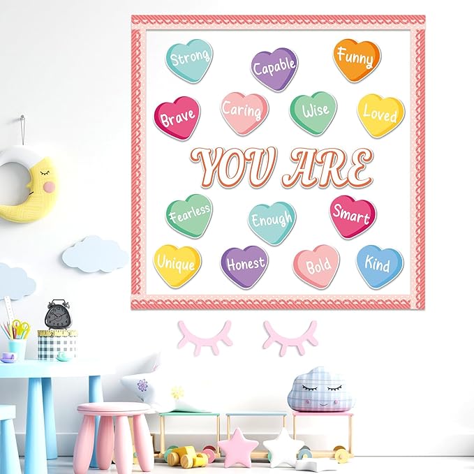 Valentine's Day Bulletin Board Decoration Conversation Hearts Cutouts Candy Heart Bulletin Board Set Valentine's Day Bulletin Board Kit for Classroom Decor School Nursery Chalkboard Office Wall Decor