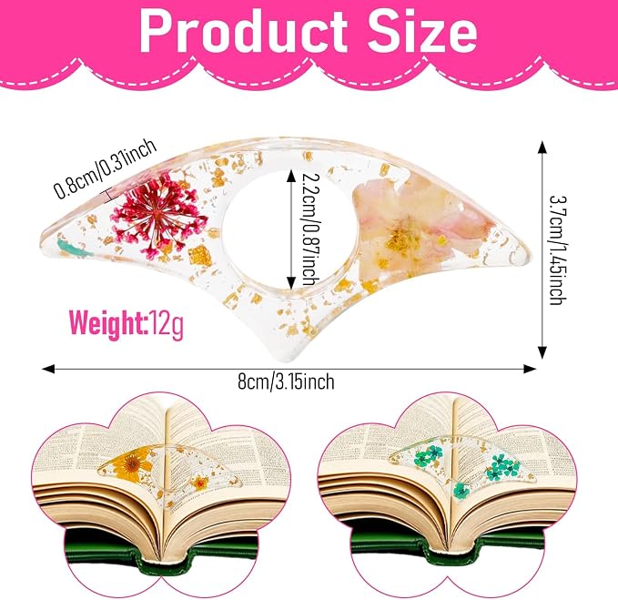 logohu 4 Pcs Thumb Book Page Holder, Dried Flower Resin Bookmark, Transparent Handmade Personalized Book Page Clip, One Handed Book Accessories for Reading Lovers Teachers Students