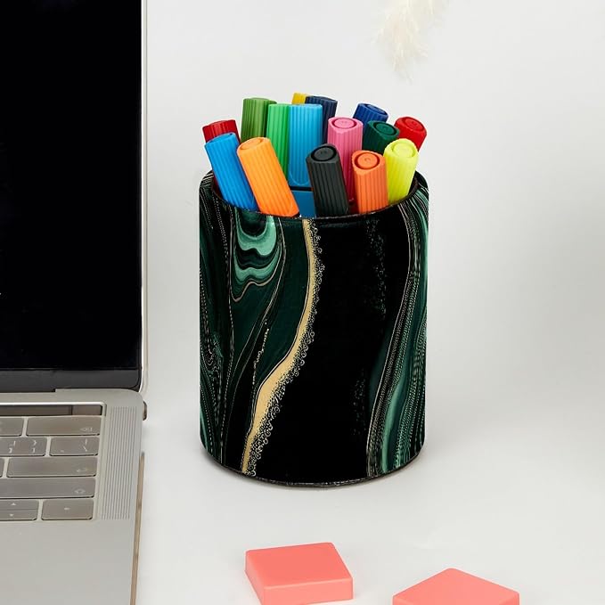 Leather Pen Holder for Desk, Green Marble Makeup Brushes Holder Pencil Cup Multifunctional Desktop Organizer Caddy for Home School Office Desk Accessories