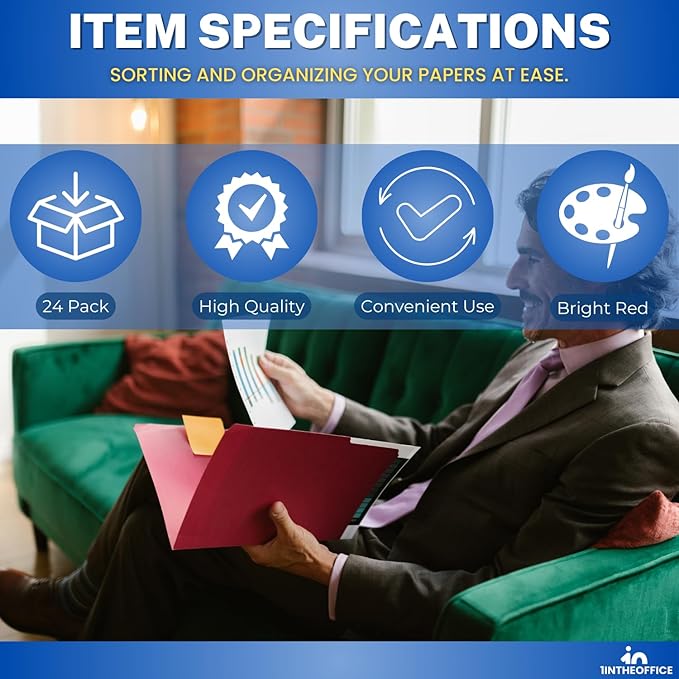 1InTheOffice Red File Folders Letter Size, File Folders with Tabs, Filling Folders, 1/3 Cut Tab, 24/Pack