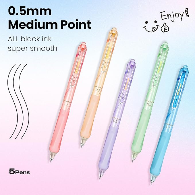 Black Ink Gel Pens: 5 Count Quick dry 0.5mm Fine Point Pens - Smooth Writing Silent Clicker Retractable for School Office & Cute pretty gift