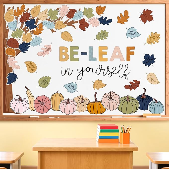 JarThenaAMCS 73Pcs Fall Tree Bulletin Board Decoration Inspirational Boho Colorful Maple Leaf Pumpkin Cutouts for Autumn Thanksgiving Classroom Wall Chalkboard Decor