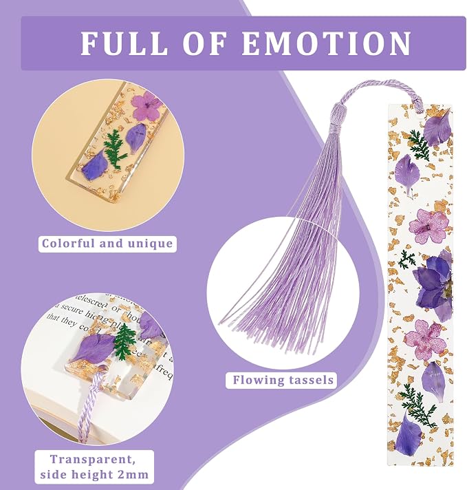Dimeho Dried Flower Book Marks Tassels Clear Floral Bookmarks Durable Handmade Cute Resin Page Marker Pretty Book Marking Holder Gift for Women Bookworm Book Lovers Increasing Reading Interest(purple)