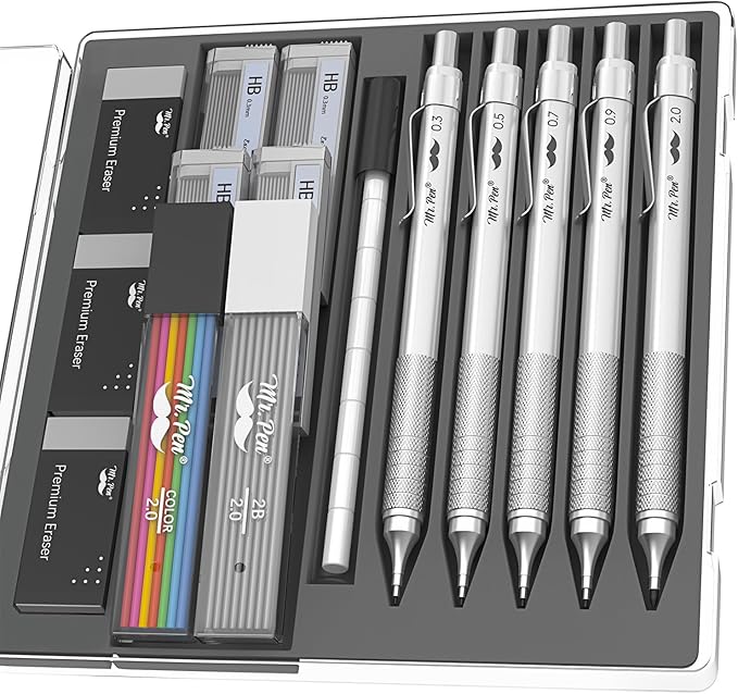 Mr. Pen- Professional Metal Mechanical Pencil Set with Lead Refills & Erasers, 5 Pack, 5 Sizes, 0.3, 0.5, 0.7, 0.9 & 2mm, 6x Tubes HB, 2B & Colored Lead Refills for School Supplies, Drawing, Sketching