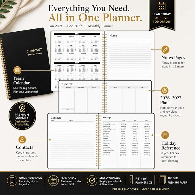 Monthly Planner 2026-2027, Jan 2026 - Dec 2027, 2 Year Calendar Planner, 7.5" x 10" Spiral Bound Monthly Agenda with Goals, To Do List, Habit Tracker & Notes Pages for School Office Home