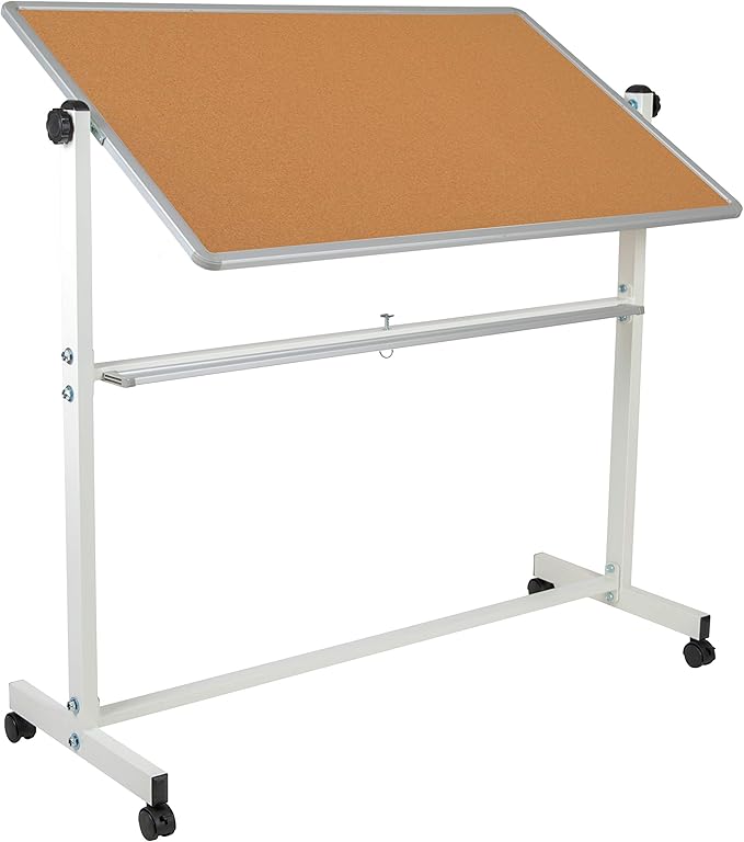 BizChair Reversible Mobile Cork Bulletin Board and White Board with Pen Tray, 53"W x 59"H