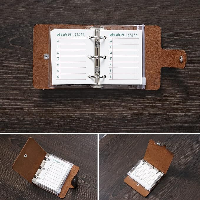 A9 Genuine Leather Journal, Coffee Handmade Leather Pocket Size Binder Planner, Mini Vintage Leather Planner, 120 Sheets Pages, Loose Leaf 3-Ring with Snap Button Closure (Coffee)