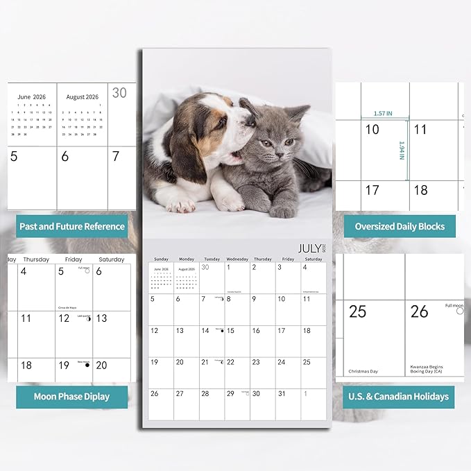 2026 Wall Calendar,Calendar 2026,Kittens & Puppies Monthly Wall Calendar, 12" x 24" Open,Family Planner Calendar Organizer with Cute kittens & Puppies Images, for Cat & Dogs Lovers