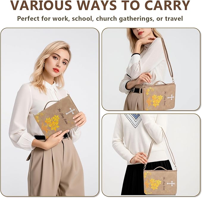 Bible Cover Case for Women & Men, JXAVO PU Leather Bible Covers, Large Bible Carrying Book Case with Handle & Shoulder Strap, Bible Cases with Zippered Pocket, Bibles Bag Accessories for Girls Boys