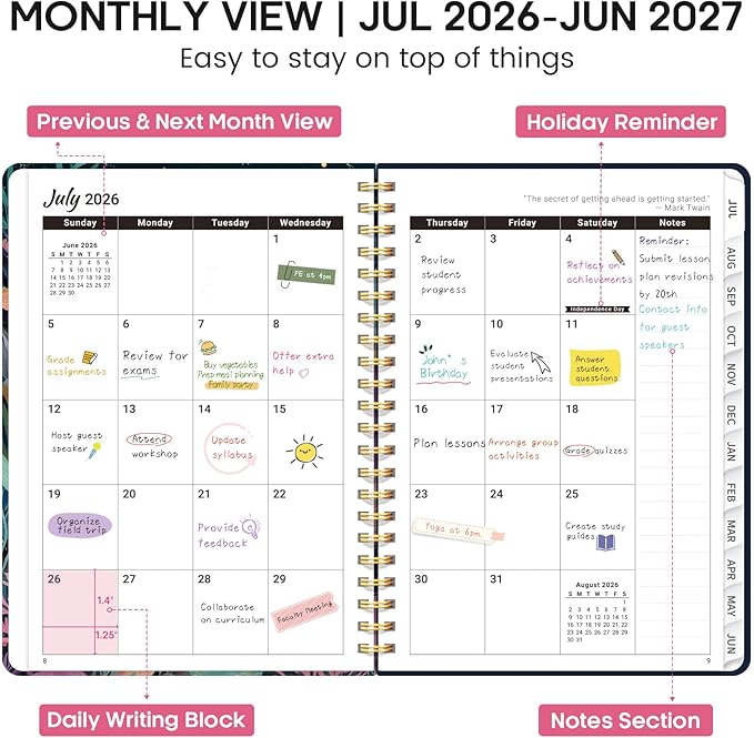 Academic Planner 2026-2027, Weekly and Monthly Calendar Book, July 2026 – June 2027, Hardcover Planner with Tabs, Perfect for Teachers, Students, Women & Men, A5 (6.4" x 8.5") - Jellyfish