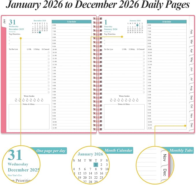 Daily Planner 2026 Full Page Per Day- 2026 Daily & Monthly Planner from January 2026 to December 2026, Day Planner 2026 with 12 Months Tabs, 8.5" x 11", Pink
