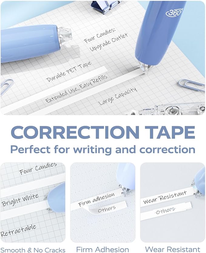 Four Candies Refillable Retractable White Correction Tape, 4PCS Smooth White Pull-Out Tape with 4 Extra Refills, Easy to Use Applicator for Instant Corrections for Office, School Supplies (Blue)