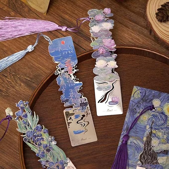 2 Pcs Metal Bookmarks with Tassel, Sliver Hollow Bookmark Oil Painting Theme Bookmark Art Bookmarks for Book Lovers Writers Readers Children Teens Men Women Adults (Woman+Sunrise)