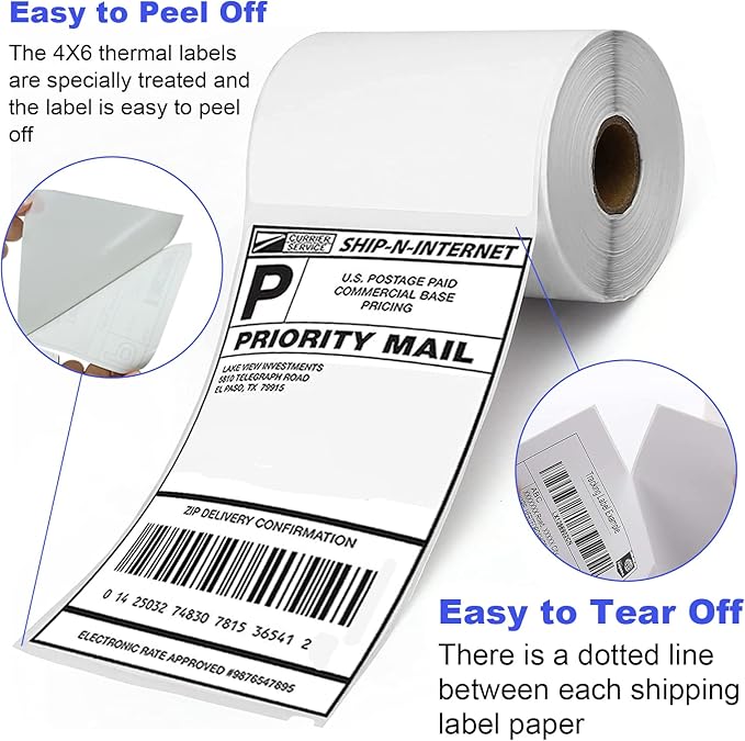 FungLam 100 Rolls 4x6 Direct Thermal Shipping Labels, 250 Labels Per Roll, 1" Core, Perforated, White Mailing Postage Shipping Label Compatible with Zebra 2844 ZP-450 ZP-500 ZP-505