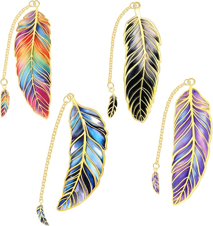 JSRQT 4Pcs Feather Metal Bookmark for Reading,Unique Page Markers Bookmarks with Chain Pendant,Book Mark Reading Accessories Gifts for Book Lovers Readers Women Men