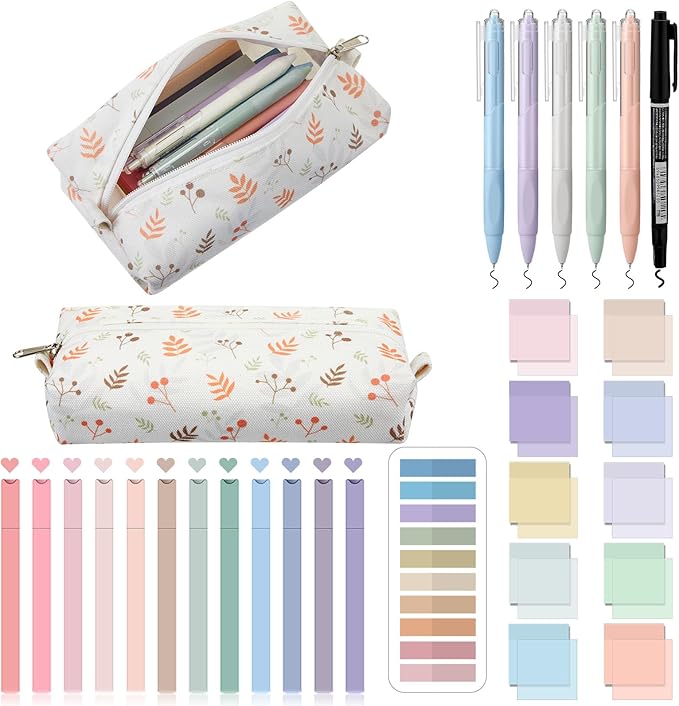 Jutom 39 Pcs Aesthetic Book Annotation Kit Highlighter with Pencil Case Bag Gel Pen Transparent Sticky Note Taking Bible Study College School Supplies(Beige,Floral Style)