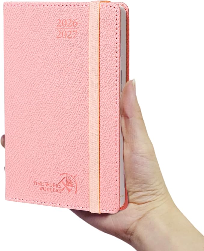 POPRUN 2026-2027 Pocket Weekly Planner Calendar, Size 4'' x 6.25'', Academic Planner (Jul 2026 - Jun 2027) Horizontal Layout with Lined Sections, Leather Hardcover, 100GSM Paper - Soft Pink