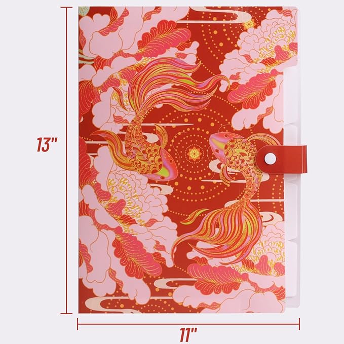 Cute File Folders, Expanding File Folders with 32 Labels, 5 Pocket File Organizer, Accordion File Organizer Letter Size for School, Office and Home - Lucky Koi Red Style Set of 4