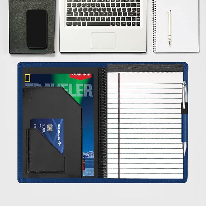 Junior Padfolio Folder - A5 Portfolio Binder Case with 5 x 8 Writing Pad and Interior Storage Pocket Executive Business Organizer for Men Women, Navy Blue