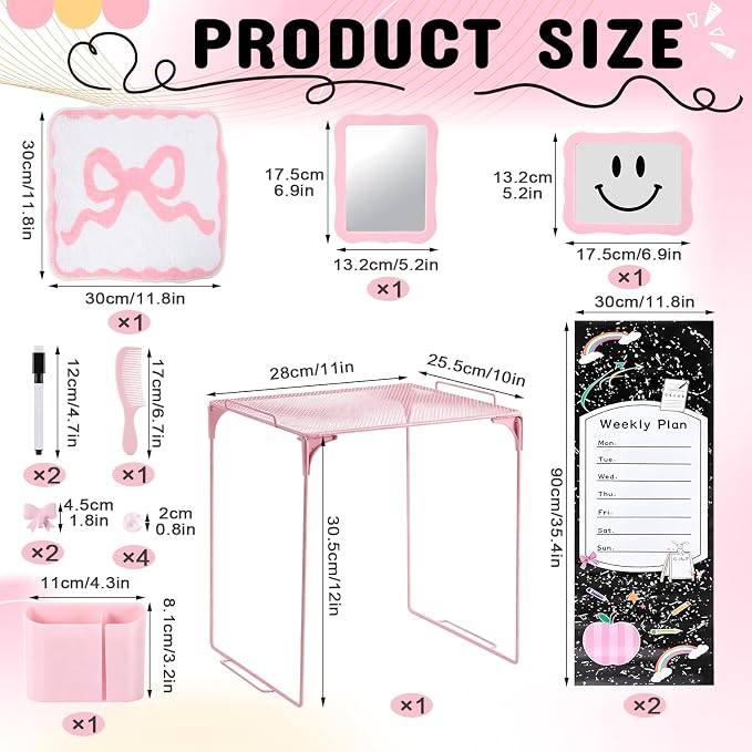 16 Pcs Locker Accessories Kit, School Locker Organizer Set with Shelf, Magnetic Mirror, Pen Holder, Whiteboard Marker, Plush Rug and Wall Decals (Pink)