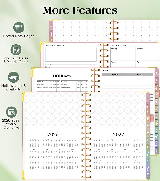 Academic Planner 2026-2027, Hardcover Weekly and Monthly Calendar Planner from July 2026 - June 2027, Daily Agenda Planners with Tabs, College School Organizer for Student Teacher, A5 (6.1" x 8.2"), Pink